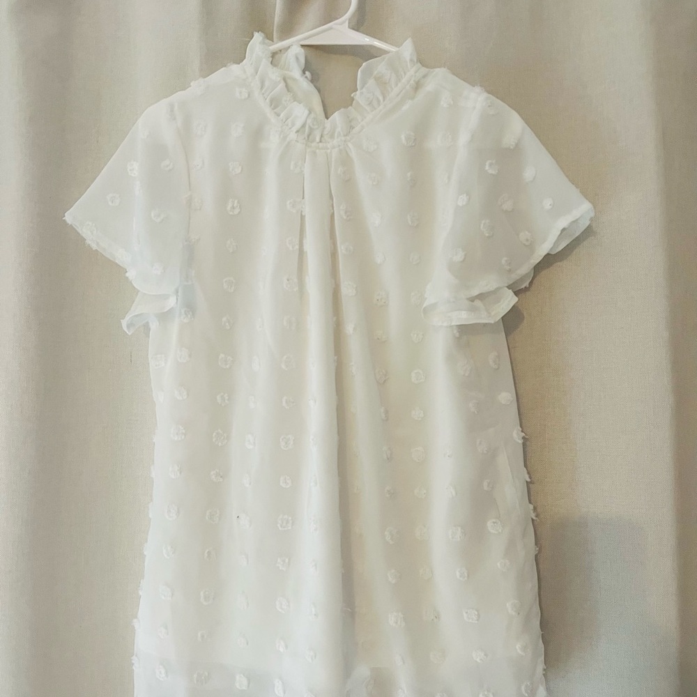 White polka dot sheer layered top, business casual attire